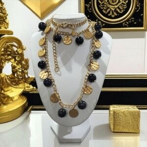 Kenneth Lane Gold Plated Onyx Ball Hammered Coin Long Necklace